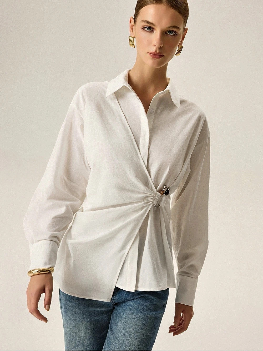 COMMENSE Asymmetric Wrap Long-Sleeve Shirt